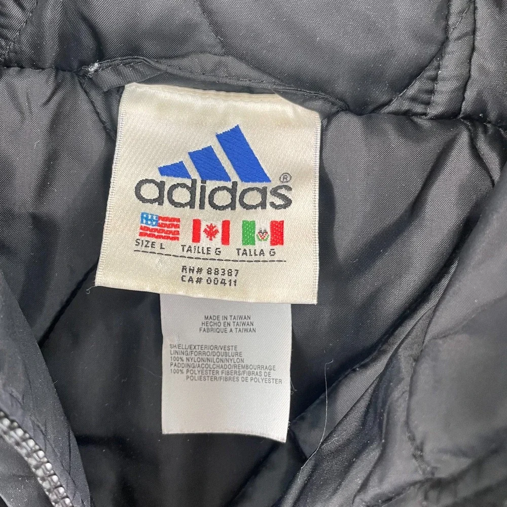 Vintage Adidas Full Zip Quilt Lined‎ Jacket Men Large Black Hooded Cinch Waist